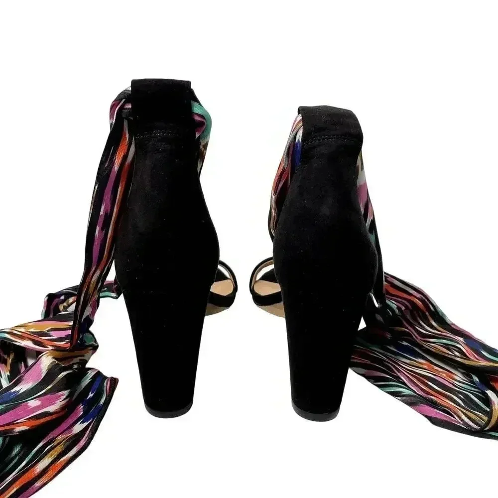 Trina Turk x INC Women's Kanata Colorful Ankle Wrap Black Heel Sandals Size 9
